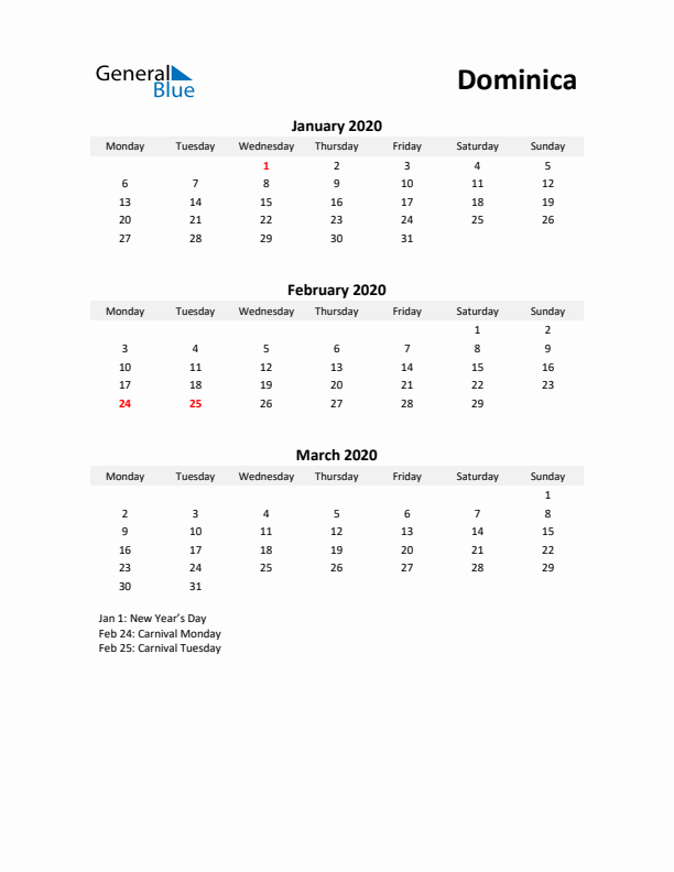 Printable Quarterly Calendar with Notes and Dominica Holidays- Q1 of 2020