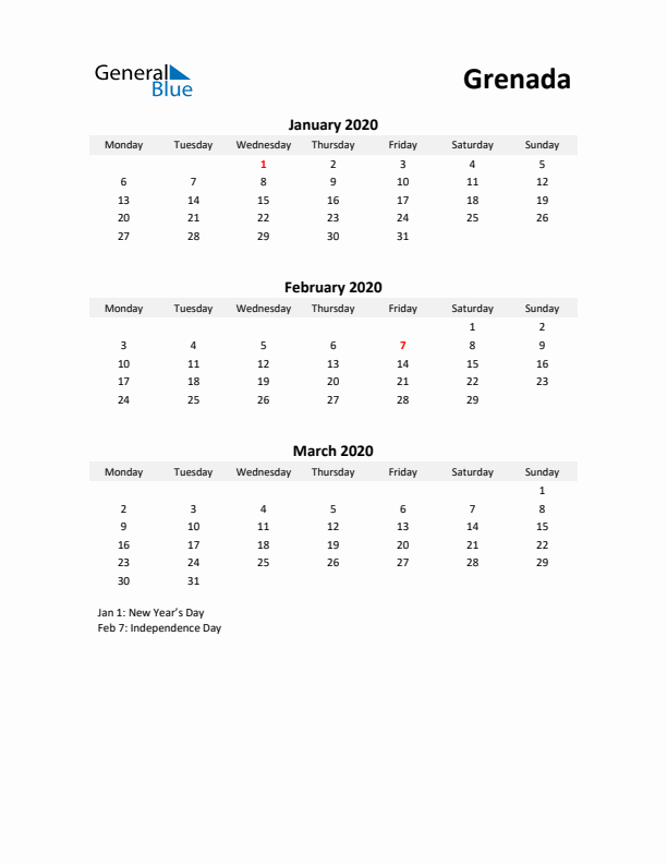 Printable Quarterly Calendar with Notes and Grenada Holidays- Q1 of 2020