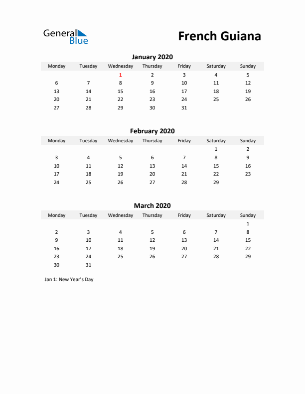 Printable Quarterly Calendar with Notes and French Guiana Holidays- Q1 of 2020