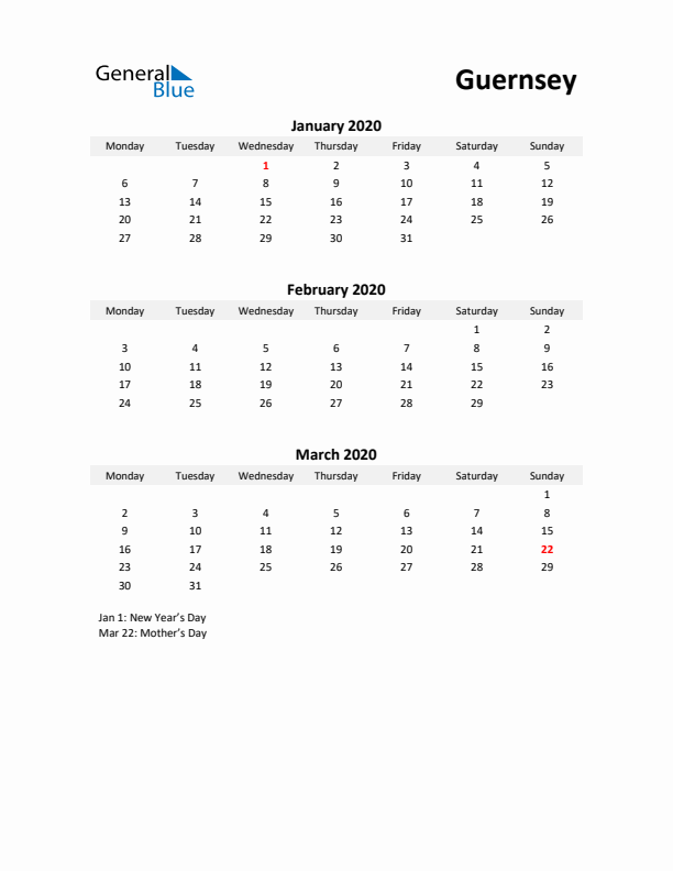 Printable Quarterly Calendar with Notes and Guernsey Holidays- Q1 of 2020