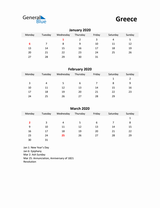 Printable Quarterly Calendar with Notes and Greece Holidays- Q1 of 2020