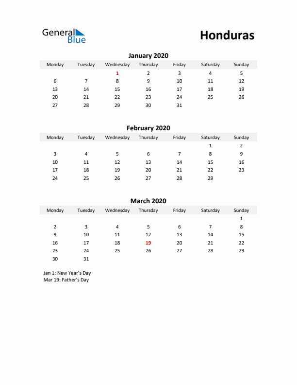 Printable Quarterly Calendar with Notes and Honduras Holidays- Q1 of 2020