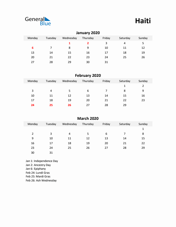 Printable Quarterly Calendar with Notes and Haiti Holidays- Q1 of 2020