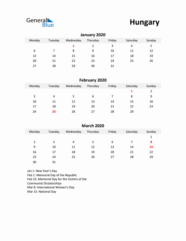 Printable Quarterly Calendar with Notes and Hungary Holidays- Q1 of 2020