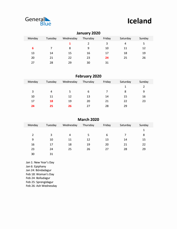 Printable Quarterly Calendar with Notes and Iceland Holidays- Q1 of 2020