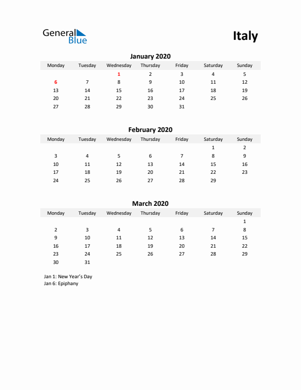 Printable Quarterly Calendar with Notes and Italy Holidays- Q1 of 2020