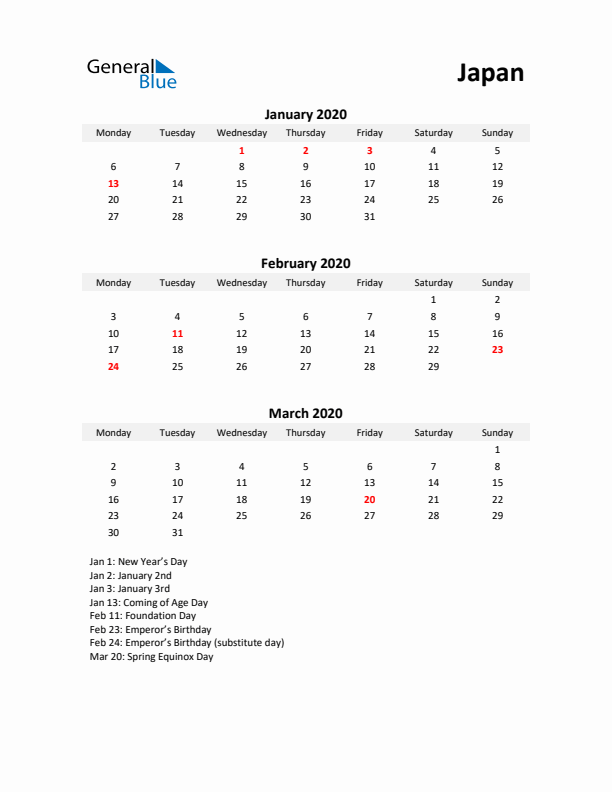 Printable Quarterly Calendar with Notes and Japan Holidays- Q1 of 2020