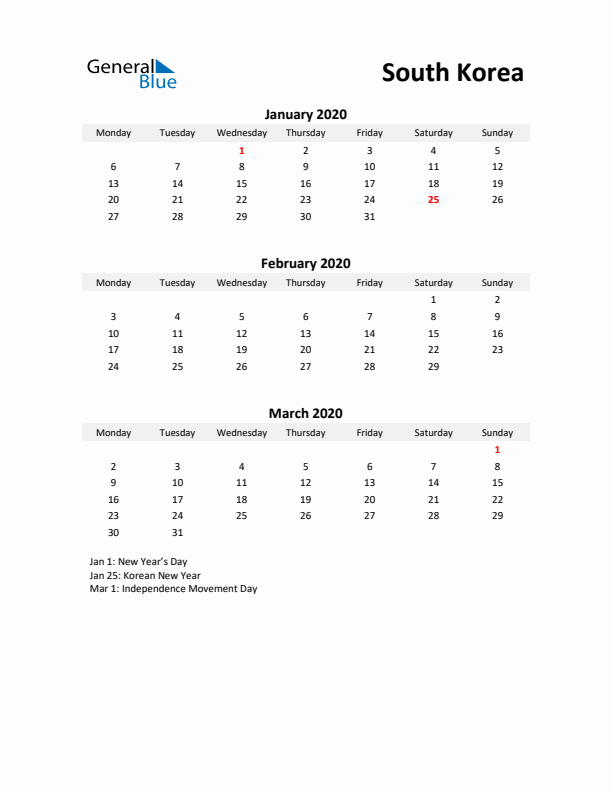 Printable Quarterly Calendar with Notes and South Korea Holidays- Q1 of 2020