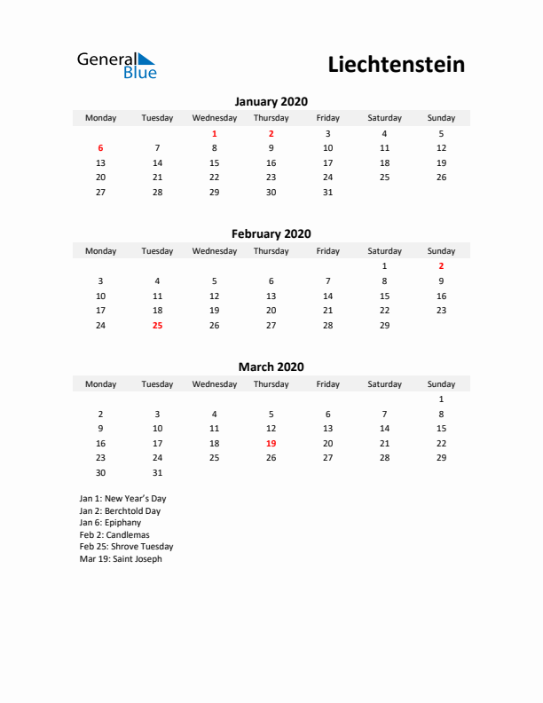 Printable Quarterly Calendar with Notes and Liechtenstein Holidays- Q1 of 2020