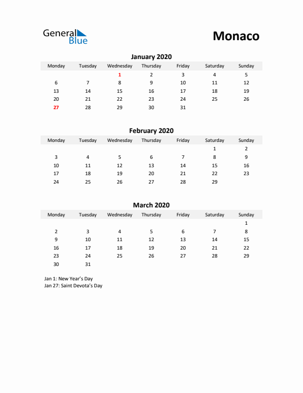 Printable Quarterly Calendar with Notes and Monaco Holidays- Q1 of 2020