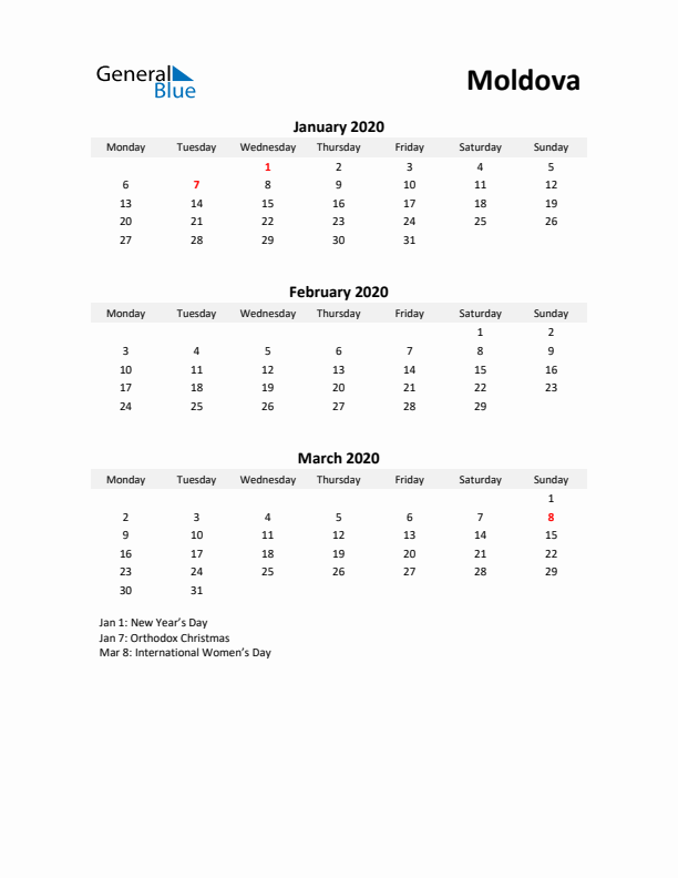 Printable Quarterly Calendar with Notes and Moldova Holidays- Q1 of 2020