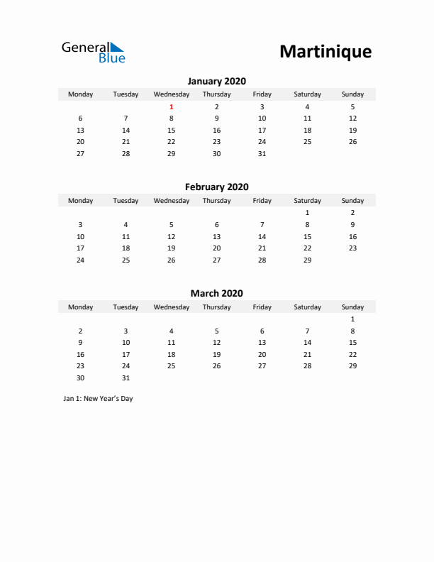 Printable Quarterly Calendar with Notes and Martinique Holidays- Q1 of 2020