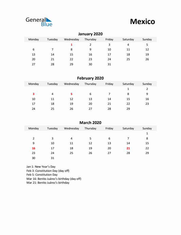 Printable Quarterly Calendar with Notes and Mexico Holidays- Q1 of 2020