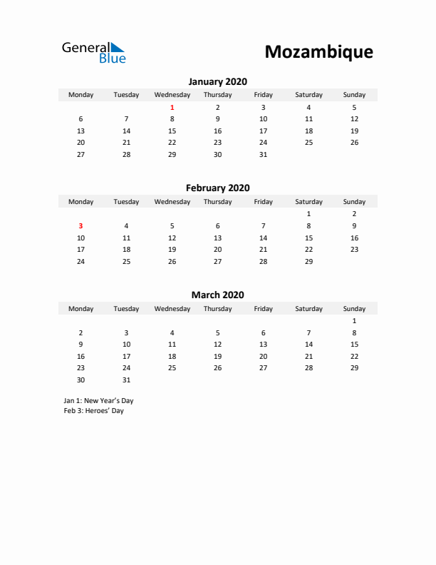 Printable Quarterly Calendar with Notes and Mozambique Holidays- Q1 of 2020