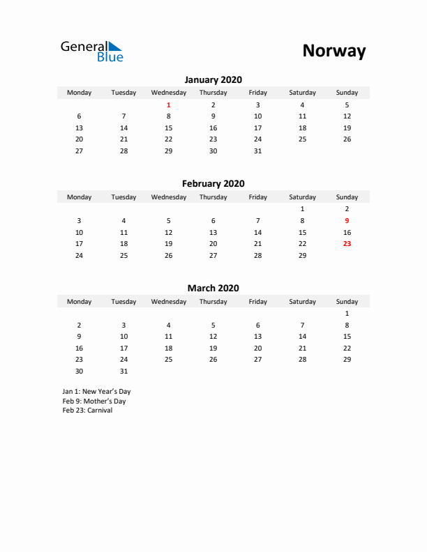 Printable Quarterly Calendar with Notes and Norway Holidays- Q1 of 2020