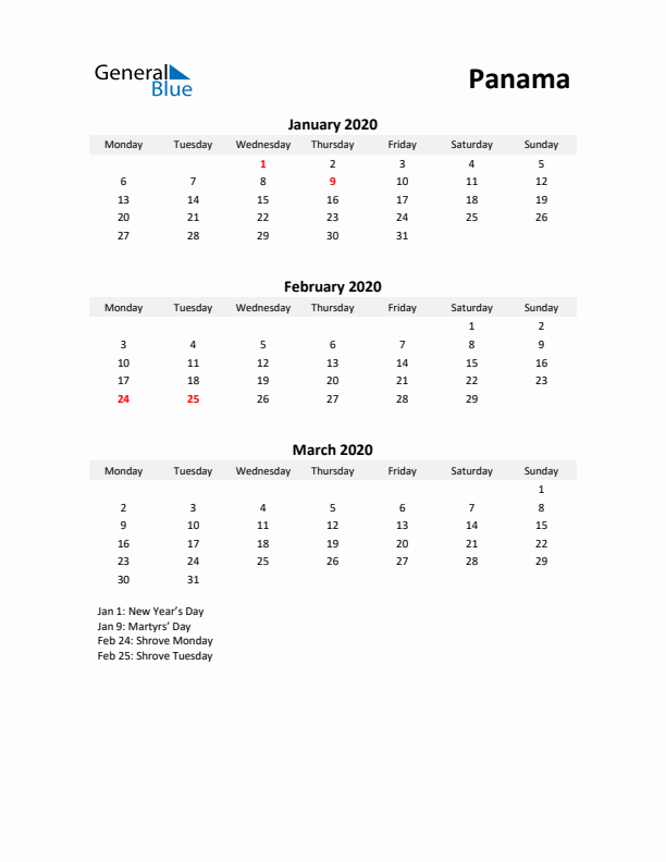 Printable Quarterly Calendar with Notes and Panama Holidays- Q1 of 2020