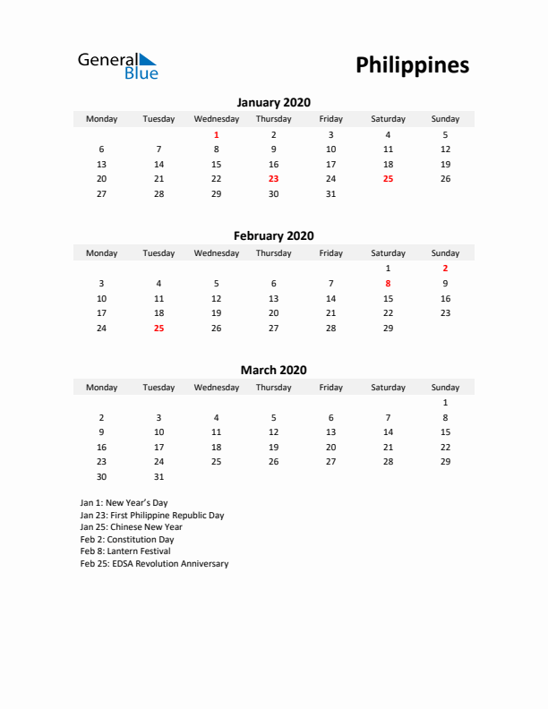 Printable Quarterly Calendar with Notes and Philippines Holidays- Q1 of 2020