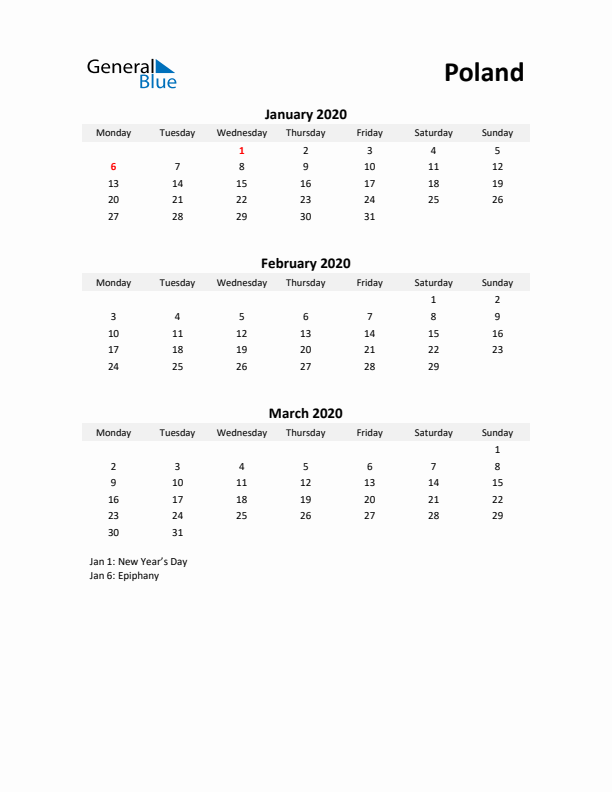 Printable Quarterly Calendar with Notes and Poland Holidays- Q1 of 2020