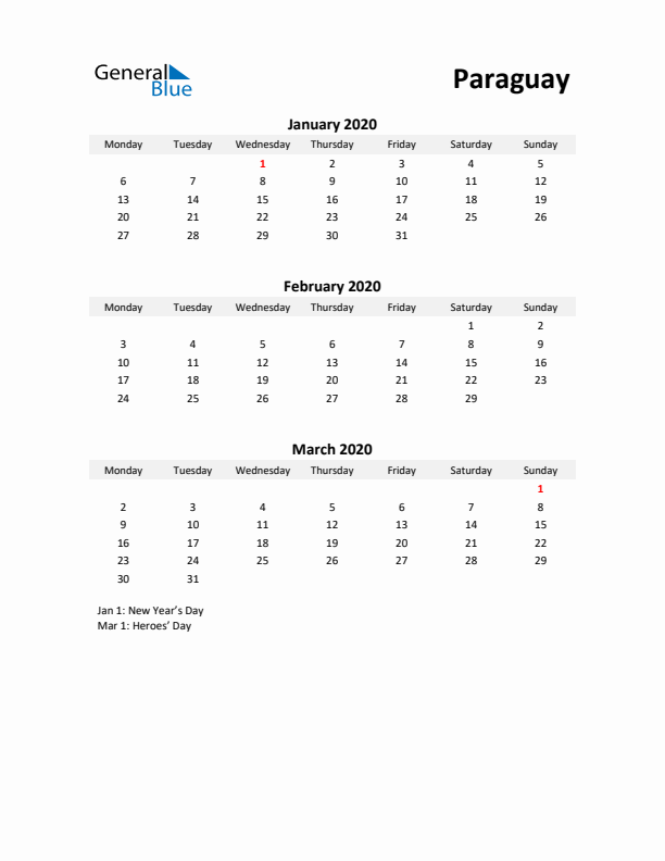Printable Quarterly Calendar with Notes and Paraguay Holidays- Q1 of 2020