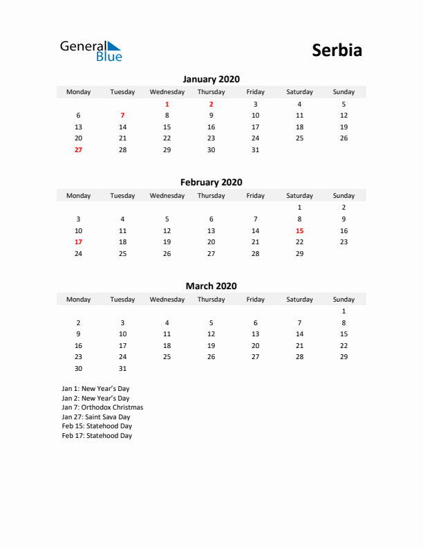 Printable Quarterly Calendar with Notes and Serbia Holidays- Q1 of 2020