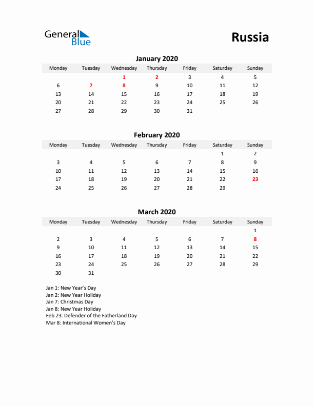 Printable Quarterly Calendar with Notes and Russia Holidays- Q1 of 2020