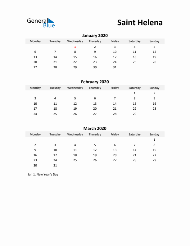 Printable Quarterly Calendar with Notes and Saint Helena Holidays- Q1 of 2020