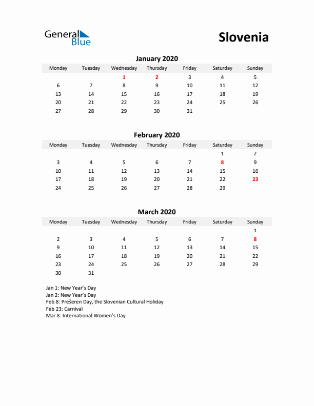 Printable Quarterly Calendar with Notes and Slovenia Holidays- Q1 of 2020