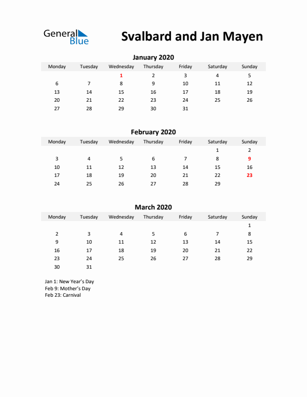 Printable Quarterly Calendar with Notes and Svalbard and Jan Mayen Holidays- Q1 of 2020