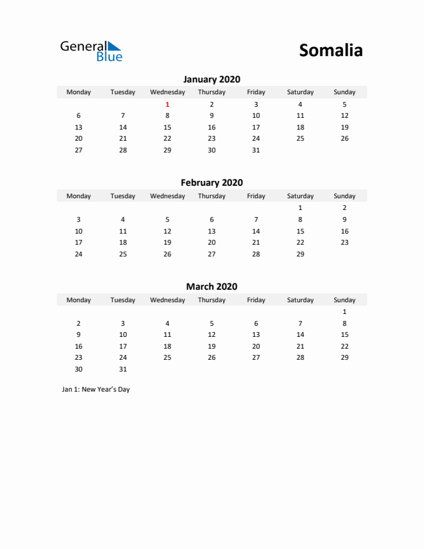 Printable Quarterly Calendar with Notes and Somalia Holidays- Q1 of 2020