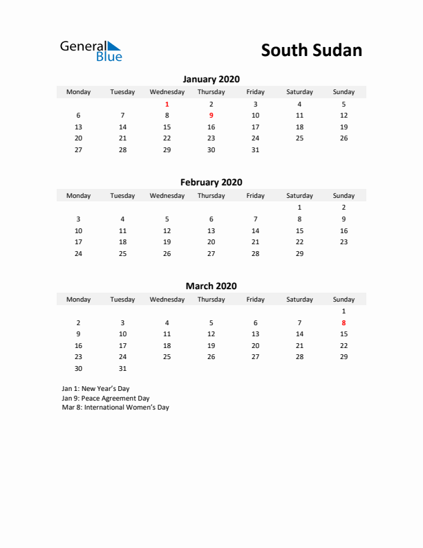 Printable Quarterly Calendar with Notes and South Sudan Holidays- Q1 of 2020