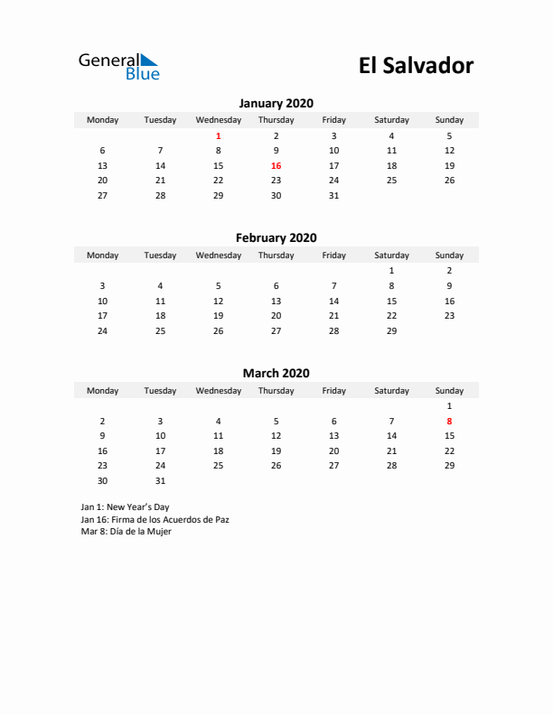 Printable Quarterly Calendar with Notes and El Salvador Holidays- Q1 of 2020