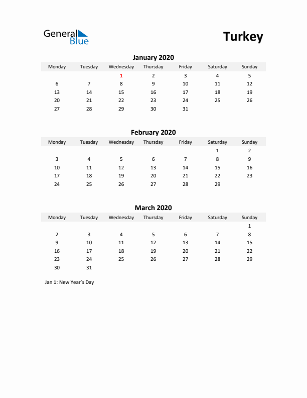 Printable Quarterly Calendar with Notes and Turkey Holidays- Q1 of 2020