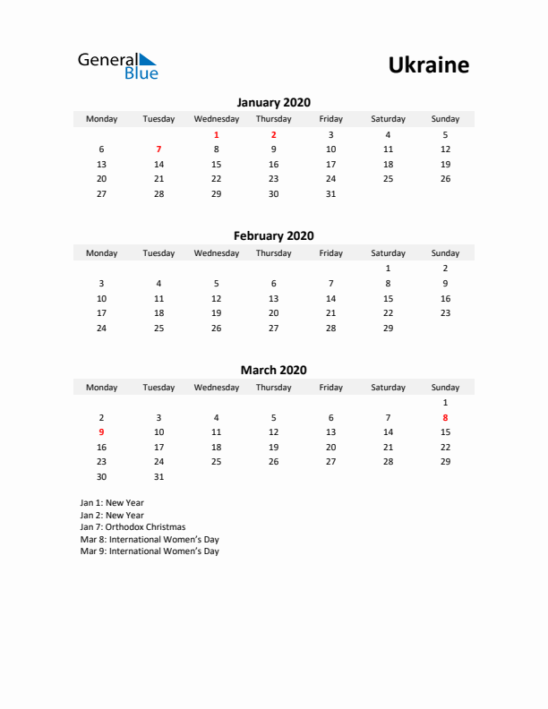 Printable Quarterly Calendar with Notes and Ukraine Holidays- Q1 of 2020