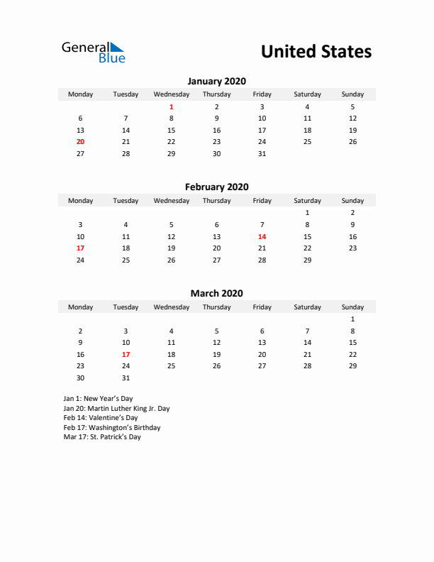 Printable Quarterly Calendar with Notes and United States Holidays- Q1 of 2020