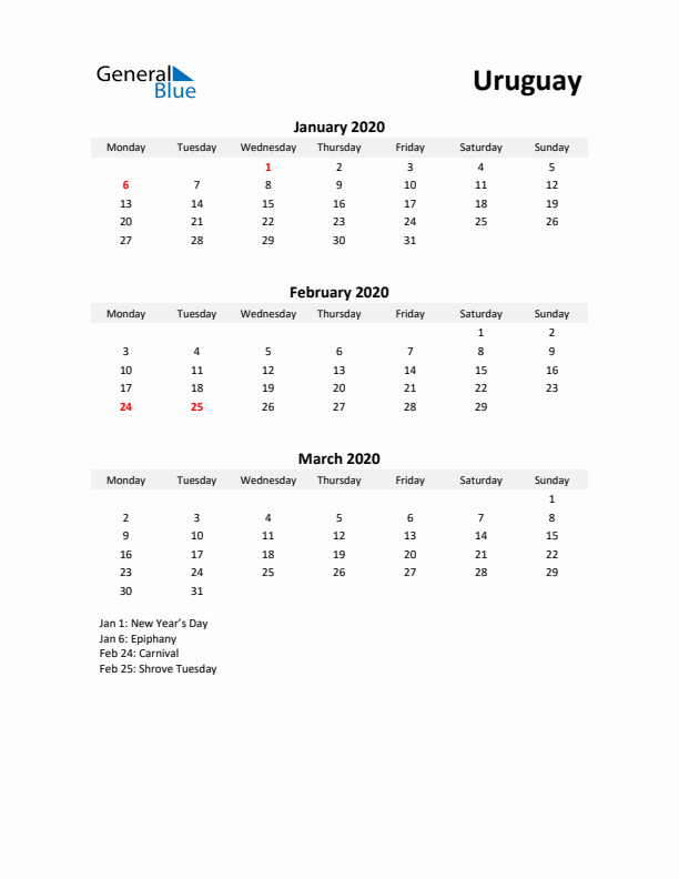 Printable Quarterly Calendar with Notes and Uruguay Holidays- Q1 of 2020