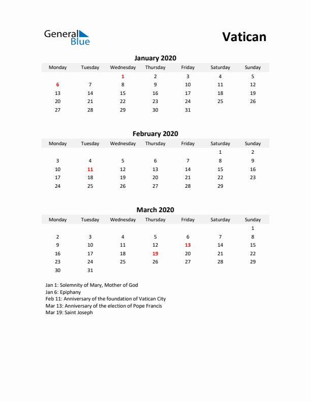 Printable Quarterly Calendar with Notes and Vatican Holidays- Q1 of 2020