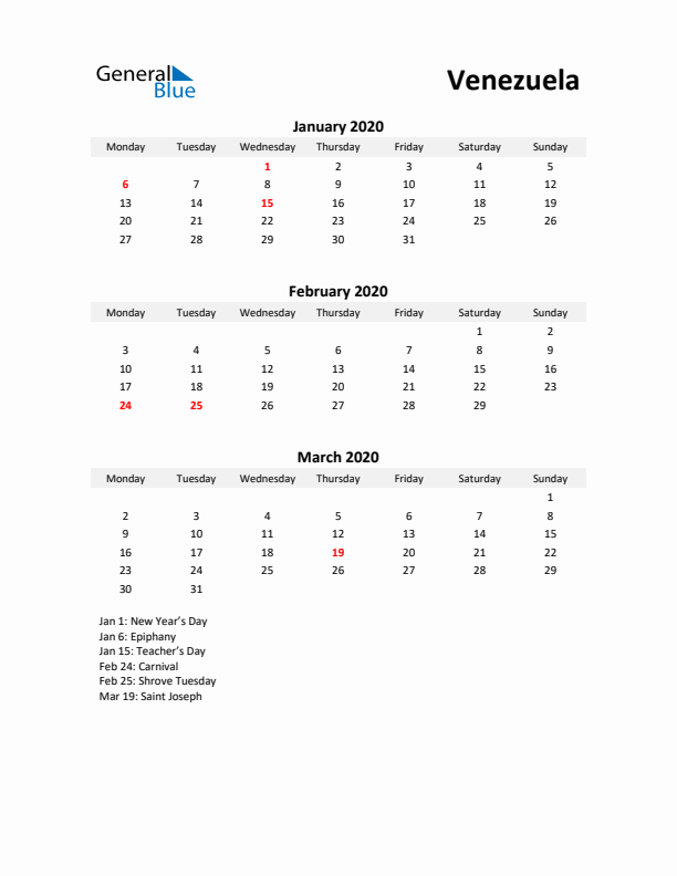 Printable Quarterly Calendar with Notes and Venezuela Holidays- Q1 of 2020