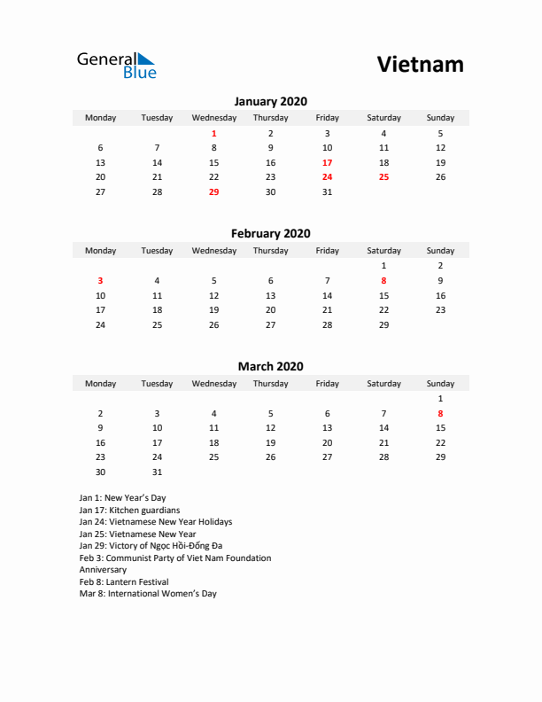 Printable Quarterly Calendar with Notes and Vietnam Holidays- Q1 of 2020