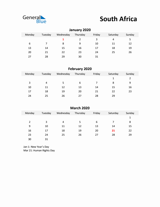 Printable Quarterly Calendar with Notes and South Africa Holidays- Q1 of 2020