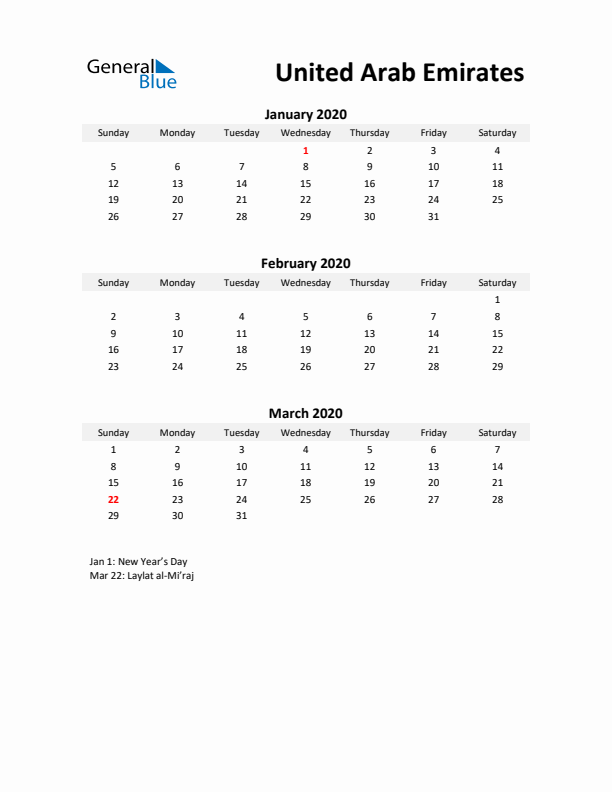 Printable Quarterly Calendar with Notes and United Arab Emirates Holidays- Q1 of 2020