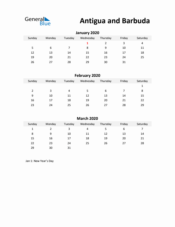 Printable Quarterly Calendar with Notes and Antigua and Barbuda Holidays- Q1 of 2020