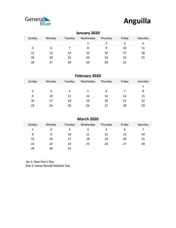 Printable Quarterly Calendar with Notes and Anguilla Holidays- Q1 of 2020