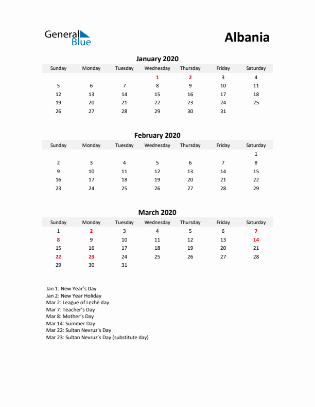 Printable Quarterly Calendar with Notes and Albania Holidays- Q1 of 2020