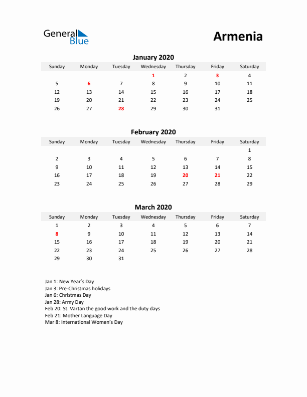 Printable Quarterly Calendar with Notes and Armenia Holidays- Q1 of 2020