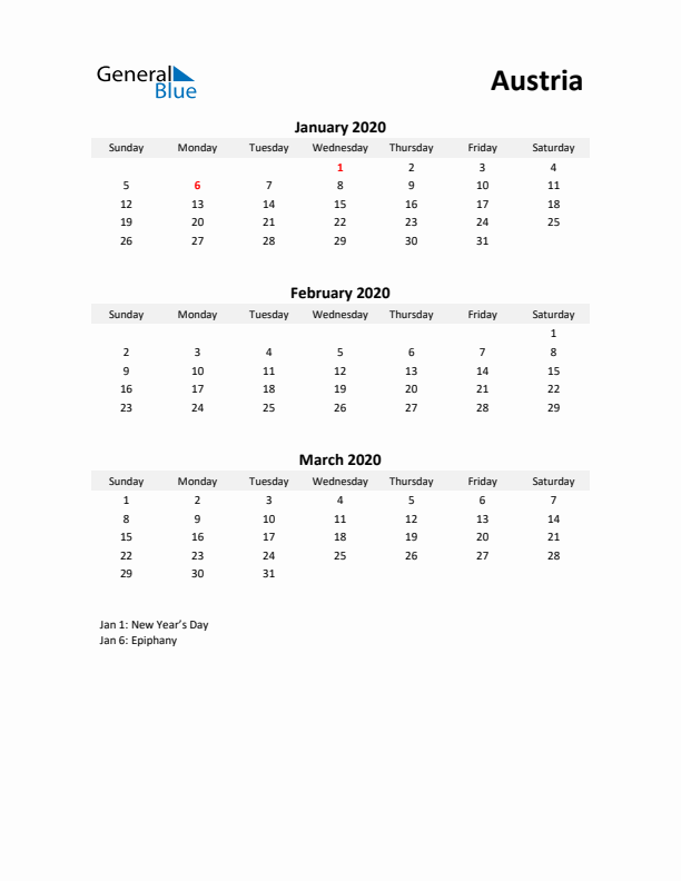 Printable Quarterly Calendar with Notes and Austria Holidays- Q1 of 2020