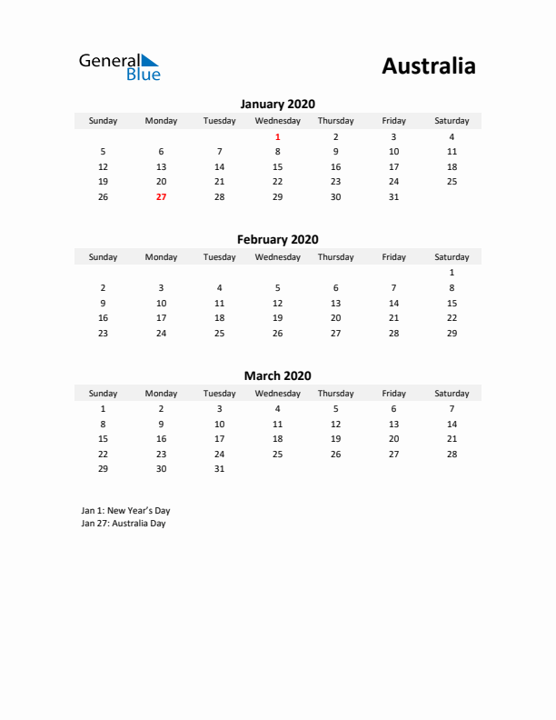 Printable Quarterly Calendar with Notes and Australia Holidays- Q1 of 2020