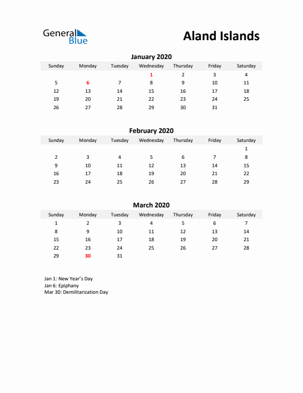 Printable Quarterly Calendar with Notes and Aland Islands Holidays- Q1 of 2020