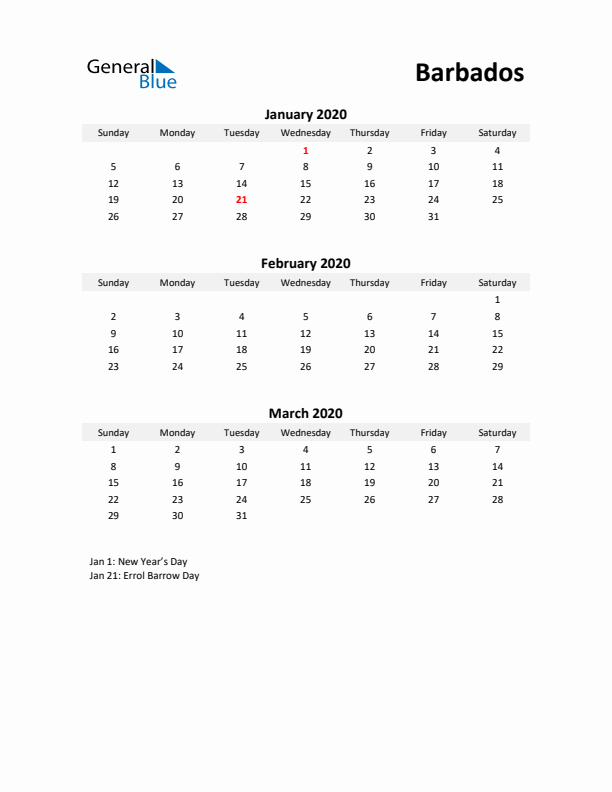 Printable Quarterly Calendar with Notes and Barbados Holidays- Q1 of 2020