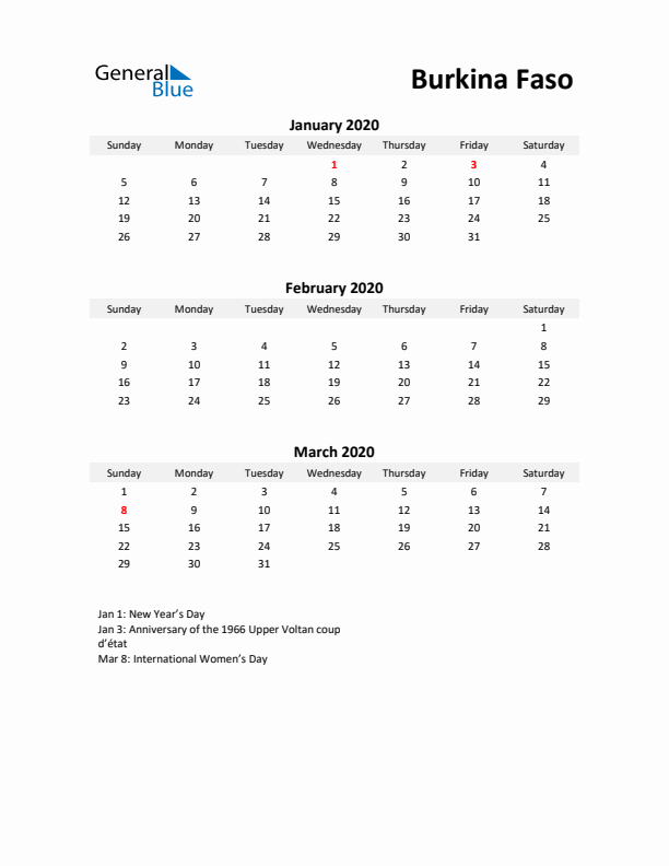 Printable Quarterly Calendar with Notes and Burkina Faso Holidays- Q1 of 2020