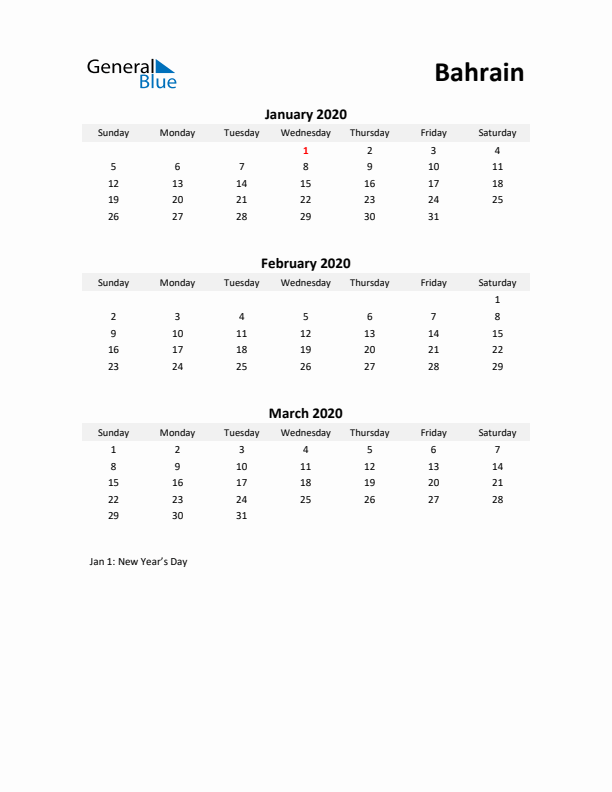 Printable Quarterly Calendar with Notes and Bahrain Holidays- Q1 of 2020